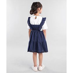 Babyhug Cotton Sleeveless Frock With Half Sleeves Top Floral & Dobby Embroidery - Navy Blue