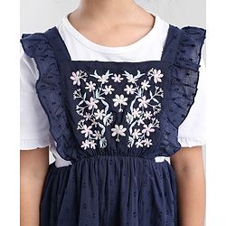 Babyhug Cotton Sleeveless Frock With Half Sleeves Top Floral & Dobby Embroidery - Navy Blue