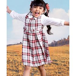 Babyhug 100% Cotton Full Sleeves Checked Frock - White Red