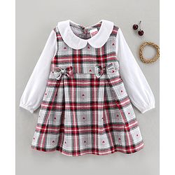Babyhug 100% Cotton Full Sleeves Checked Frock - White Red