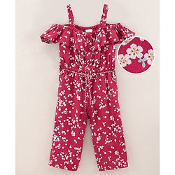 Babyhug  Rayon Sleeveless Woven Jumpsuit with Tassle at Waist Floral Print - Red
