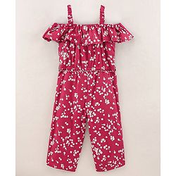 Babyhug Rayon Sleeveless Woven Jumpsuit with Tassle at Waist Floral Print - Red