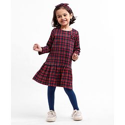 Babyhug Yarndyed Full Sleeves Checks Frock With Leggings and Headband - Red Navy Blue