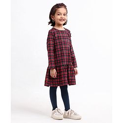 Babyhug Yarndyed Full Sleeves Checks Frock With Leggings and Headband - Red Navy Blue