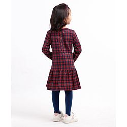 Babyhug Yarndyed Full Sleeves Checks Frock With Leggings and Headband - Red Navy Blue
