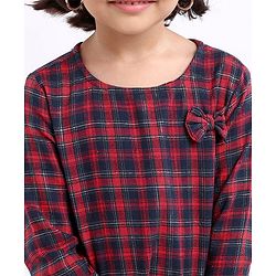 Babyhug Yarndyed Full Sleeves Checks Frock With Leggings and Headband - Red Navy Blue