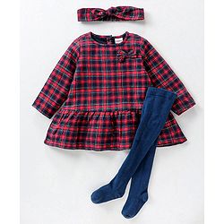 Babyhug Yarndyed Full Sleeves Checks Frock With Leggings and Headband - Red Navy Blue