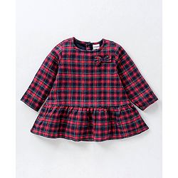 Babyhug Yarndyed Full Sleeves Checks Frock With Leggings and Headband - Red Navy Blue