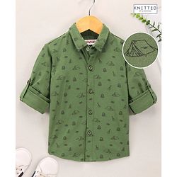 Babyhug Full Sleeves Knitted Shirt Printed - Olive