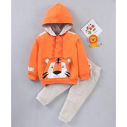 Babyhug Full Sleeves Hooded Sweatshirt & Lounge Pant Lion Applique - Orange Light Grey