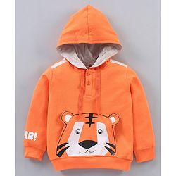 Babyhug Full Sleeves Hooded Sweatshirt & Lounge Pant Lion Applique - Orange Light Grey