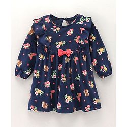 Babyhug 100% Cotton Three Forth Sleeves Frock Floral Print - Navy