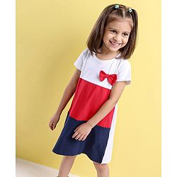 Babyhug 100%Cotton Short Sleeves Colour Block Frock Bow Applique - White Red Navy Blue