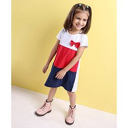 Babyhug 100%Cotton Short Sleeves Colour Block Frock Bow Applique - White Red Navy Blue