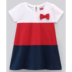 Babyhug 100%Cotton Short Sleeves Colour Block Frock Bow Applique - White Red Navy Blue