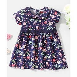 Babyhug 100% Cotton Knit Half Sleeves Peter Pan Collar Frock With Lace Detailing At Waist Floral Print - Navy Blue