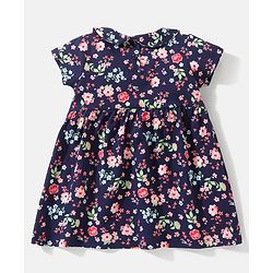 Babyhug 100% Cotton Knit Half Sleeves Peter Pan Collar Frock With Lace Detailing At Waist Floral Print - Navy Blue