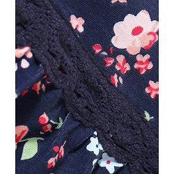 Babyhug 100% Cotton Knit Half Sleeves Peter Pan Collar Frock With Lace Detailing At Waist Floral Print - Navy Blue
