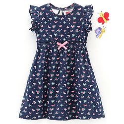 Babyhug 100% Cotton Knit Frill Sleeves Frock Floral & Butterflies Print - Navy Blue
