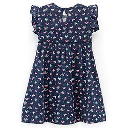 Babyhug 100% Cotton Knit Frill Sleeves Frock Floral & Butterflies Print - Navy Blue