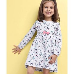 Babyhug 100% Cotton Full Sleeve Frock Butterfly Print - Ecru Melange