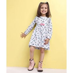 Babyhug 100% Cotton Full Sleeve Frock Butterfly Print - Ecru Melange