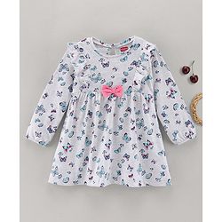 Babyhug 100% Cotton Full Sleeve Frock Butterfly Print - Ecru Melange
