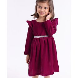 Babyhug Full Sleeves with Frill Velvet Party Frock with Lace - Fuschia