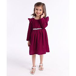 Babyhug Full Sleeves with Frill Velvet Party Frock with Lace - Fuschia