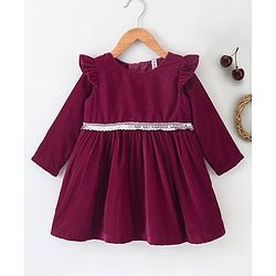 Babyhug Full Sleeves with Frill Velvet Party Frock with Lace - Fuschia