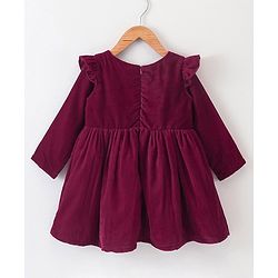 Babyhug Full Sleeves with Frill Velvet Party Frock with Lace - Fuschia