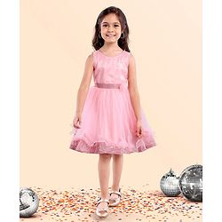 Babyhug Sleeveless Party Frock With Floral Applique - Pink