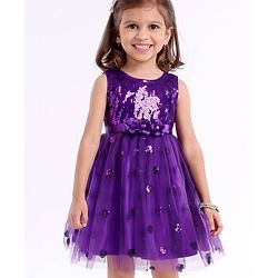 Babyhug Sleeveless Sequins Party Frock With Floral Applique - Aubergine