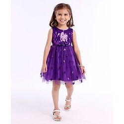 Babyhug Sleeveless Sequins Party Frock With Floral Applique - Aubergine
