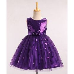 Babyhug Sleeveless Sequins Party Frock With Floral Applique - Aubergine