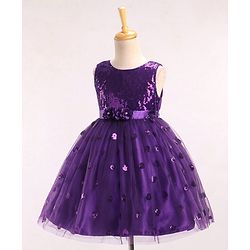Babyhug Sleeveless Sequins Party Frock With Floral Applique - Aubergine