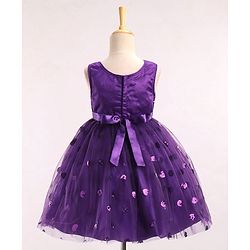 Babyhug Sleeveless Sequins Party Frock With Floral Applique - Aubergine