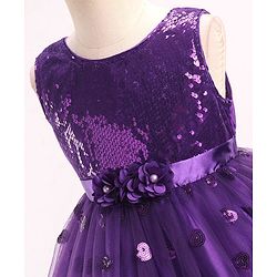 Babyhug Sleeveless Sequins Party Frock With Floral Applique - Aubergine