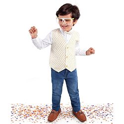 Babyhug Full Sleeves Party Suit with Bow and Waistcoat - White and Indigo