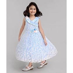 Babyhug Sleeveless Party Wear Dress Floral Appliques - Frozen Blue