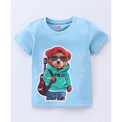 Babyhug Cotton Knit Half Sleeves T-shirt Bear Patch with Embroidery - Blue