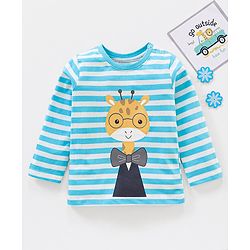 Babyhug Cotton Full Sleeves Giraffe Print & Stripes T-Shirt - Blue