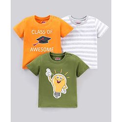 Babyhug Cotton Half Sleeves T-Shirt Bulb & Stripes Print Pack of 3- Green & Orange