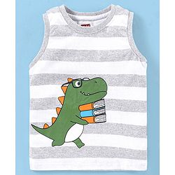 Babyhug Cotton Jersey Knit Sleeveless Striped T-Shirt Dino Print - Grey Melange