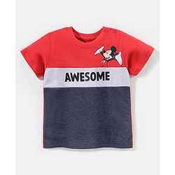 Babyhug Cotton Half Sleeves T-Shirts Awesome  Micky Mouse Print - Red & Navy Blue