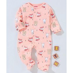 Babyhug 100% Cotton Full Sleeves Footed Sleep Suit Fox Print - Peach