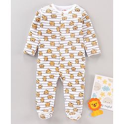 Babyhug Cotton Knit Full Sleeves Footed Sleepsuits Tiger Printed - Grey Mélange