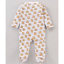Babyhug Cotton Knit Full Sleeves Footed Sleepsuits Tiger Printed - Grey Mélange