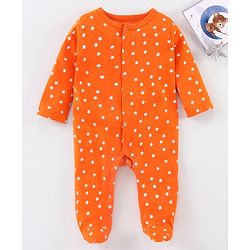 Babyhug Full Sleeves Footed Sleepsuit Star Print - Orange