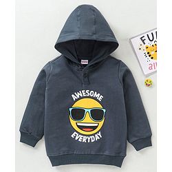 Babyhug Cotton Knit Full Sleeves Emoji Print Hooded Sweatshirt - Charcoal Grey